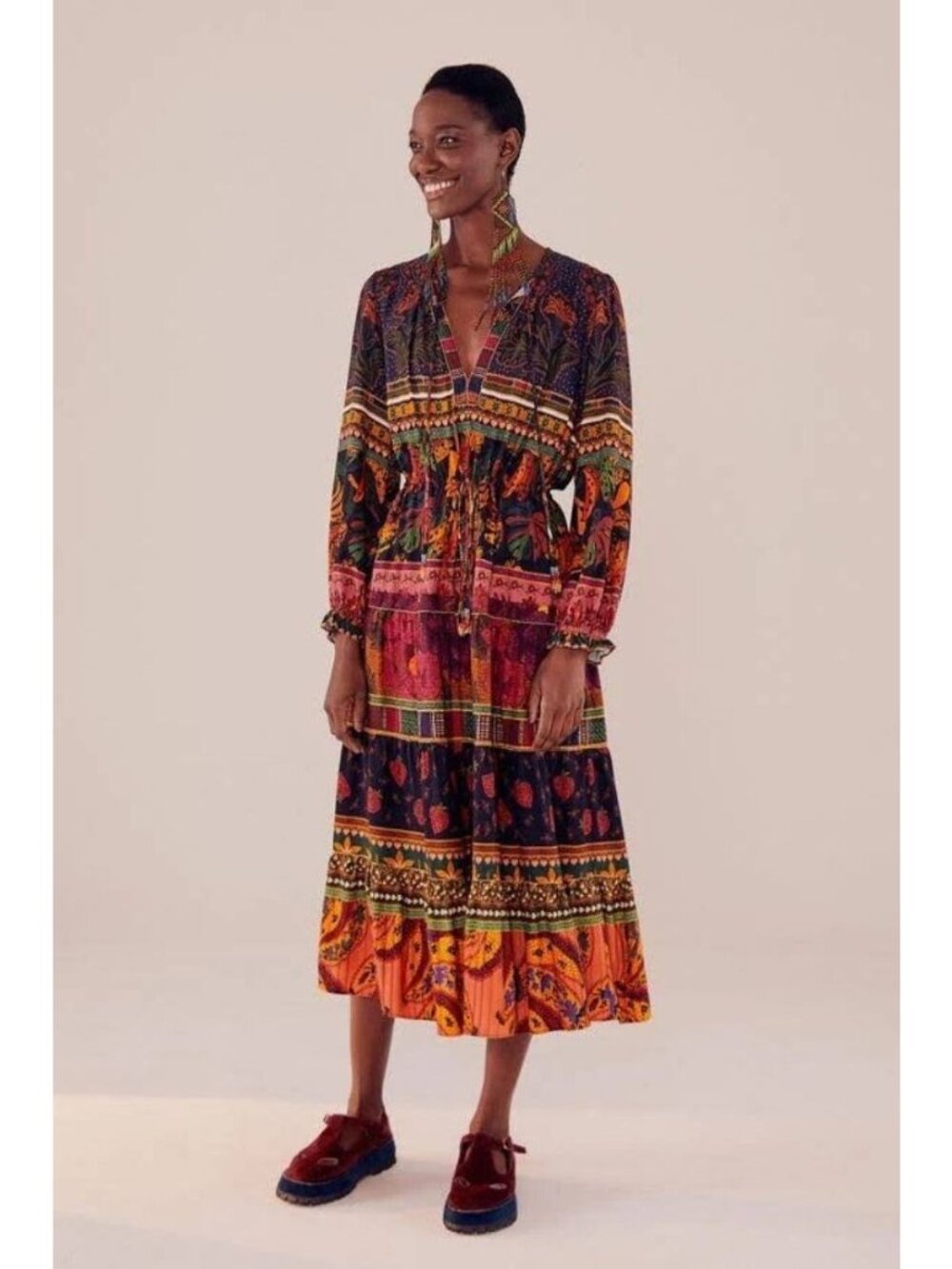 Farm Rio Mixed Patchwork Midi Dress Boho Floral Long Sleeve Tie Waist XS